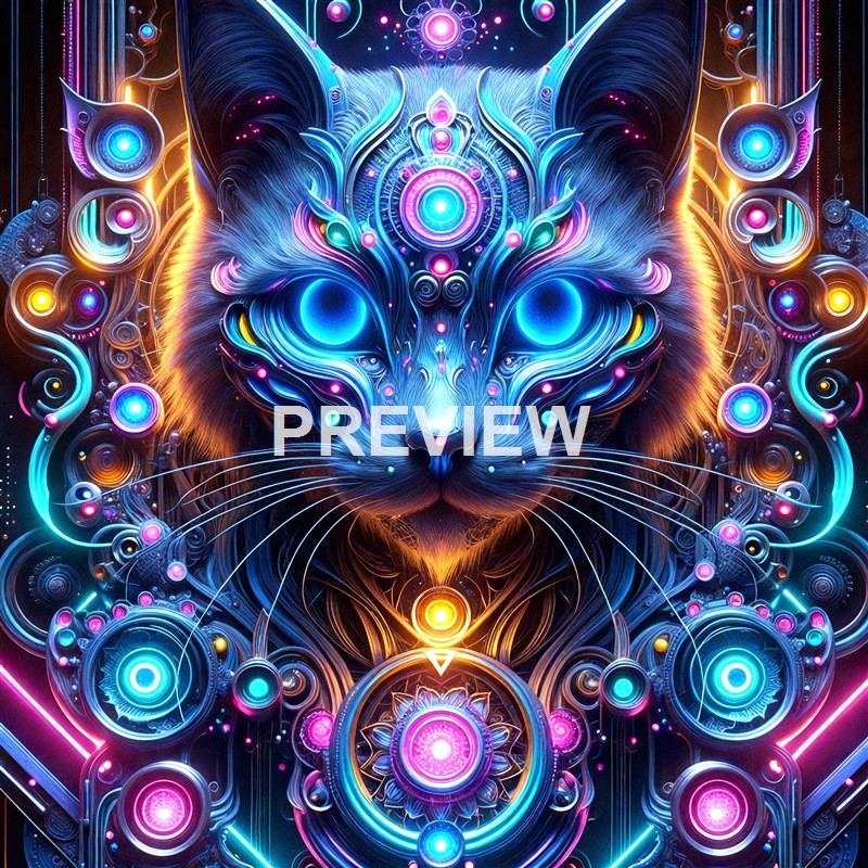 A highly detailed and luminous digital artwork of a feline face integrated with intricate glowing patterns, geometric shapes, and vibrant neon colors, creating a sci-fi or cybernetic aesthetic.